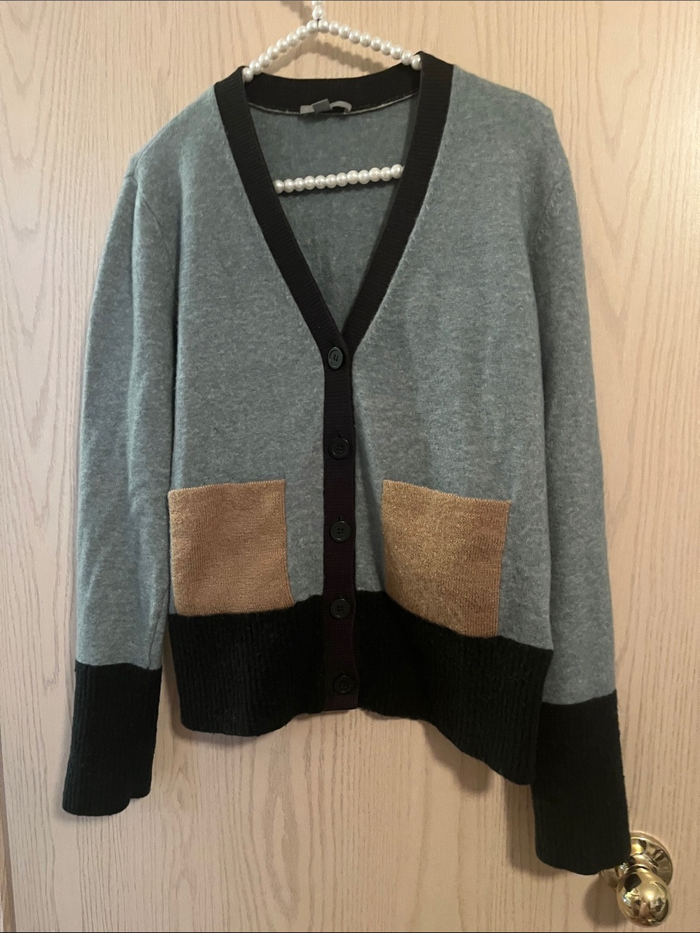 Grey and Tan V-Neck Button Cardigan Sweater